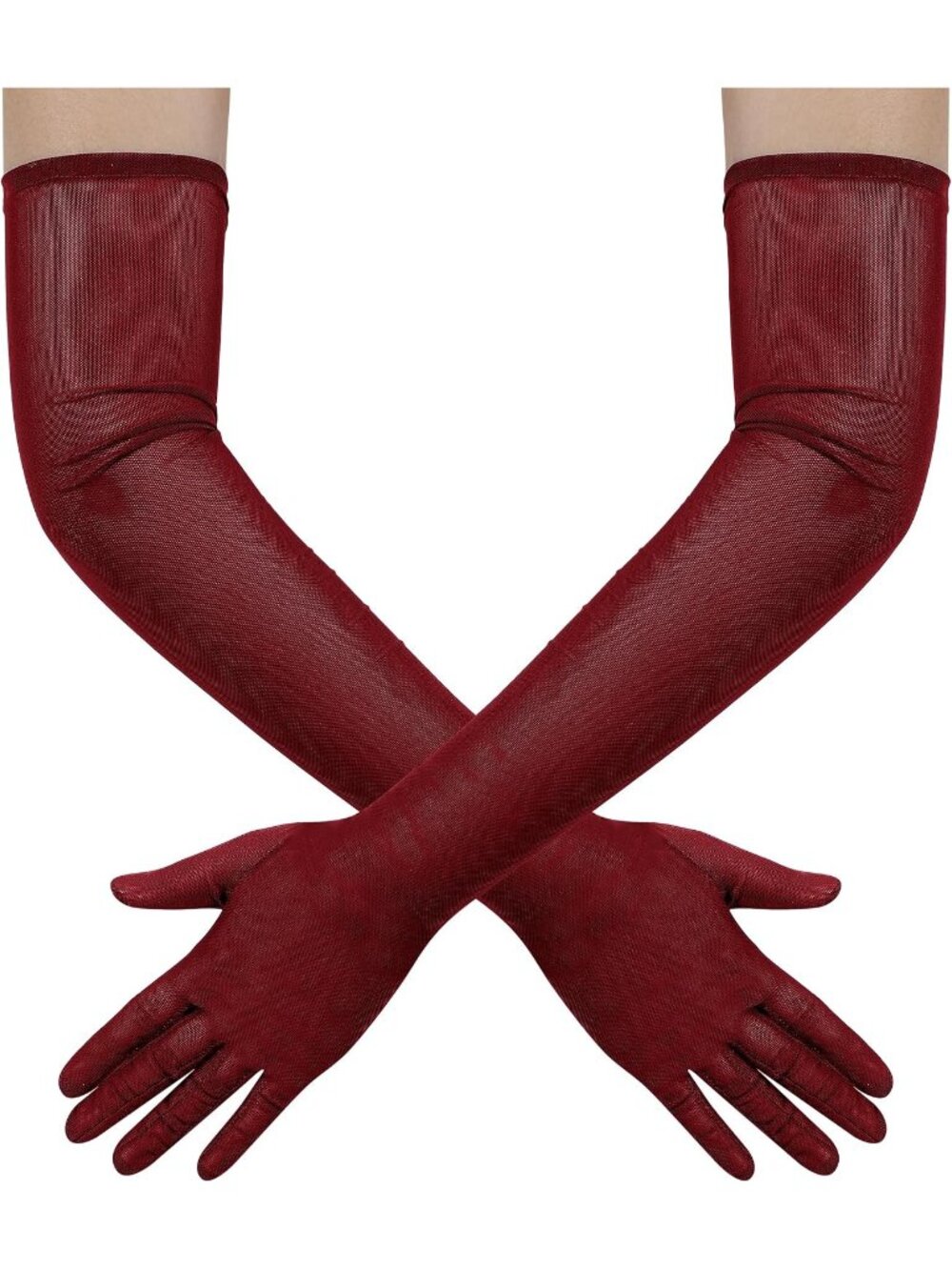 Women Burgundy Long Mesh Tulle Sheer 1920's Halloween Costume Opera Party Gloves
